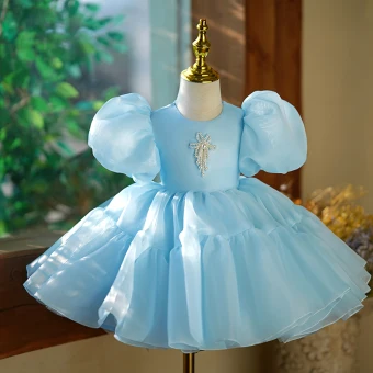 Hermoso Azul Cielo Cumpleaños Perla Cortos Vestidos Para Niñas 2023 Ball Gown Scoop Escote Hinchado Manga Corta Bowknot