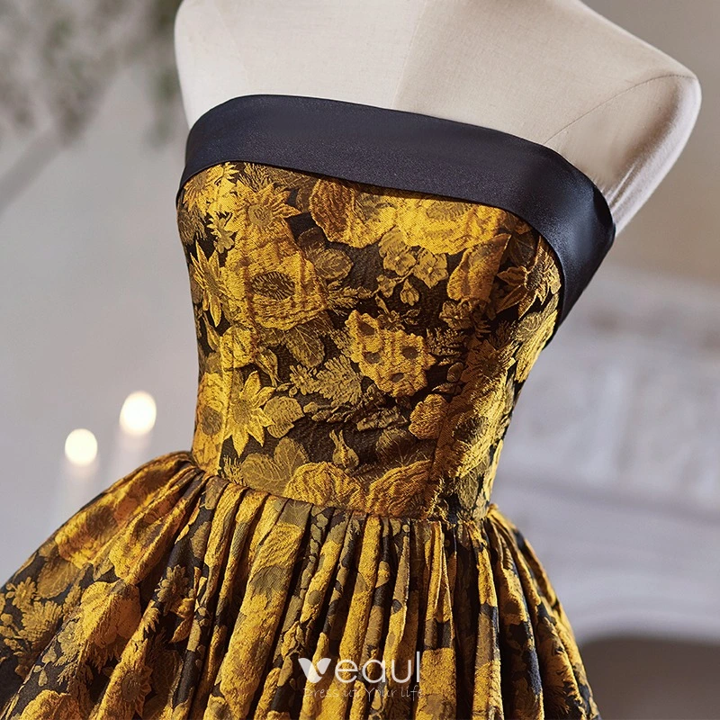 Unusual Black Gold Printing Tea-length Homecoming Graduation Dresses 2024 Ball Gown