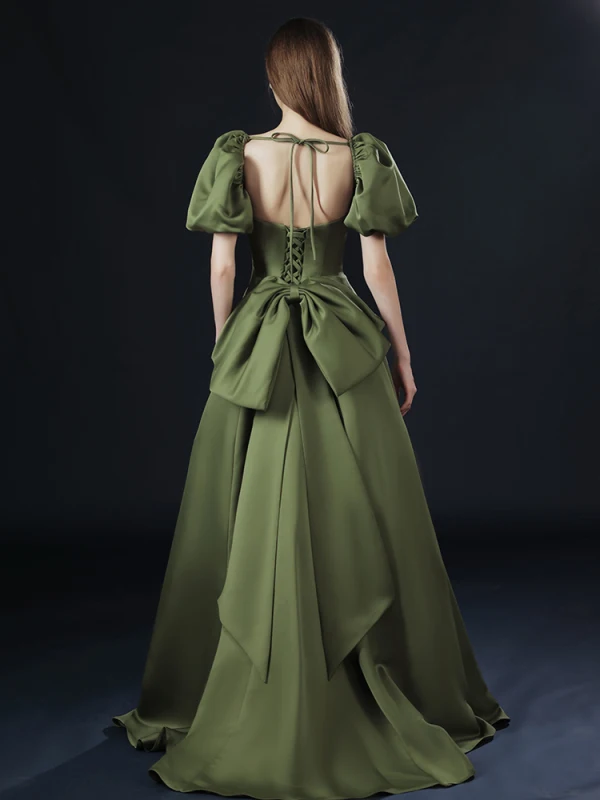 Vintage / Retro Olive Green Prom Dresses 2021 A-Line / Princess Square Neckline Crossed Straps Solid Color Satin Short Sleeve Formal Dresses Sweep Train