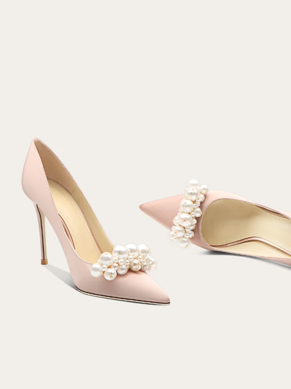 Elegant Champagne Pearl Wedding Shoes 2024 Leather 10 cm Stiletto Heels Pointed Toe Wedding Pumps High Heels