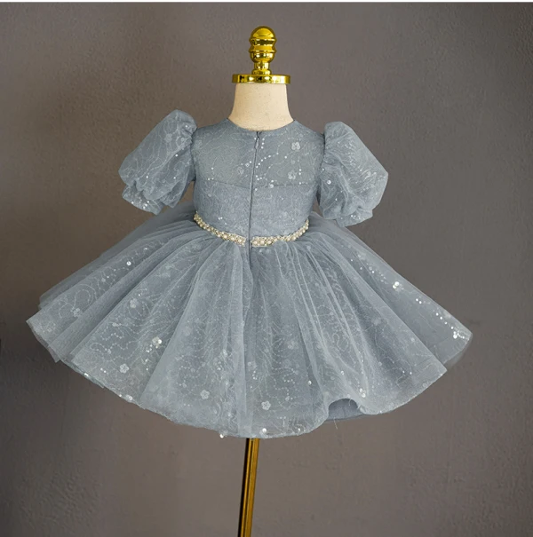 Chic / Beautiful Grey Pearl Rhinestone Sequins Short Birthday Flower Girl Dresses 2023 Ball Gown Scoop Neck Puffy Short Sleeve Tulle
