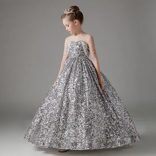 Sparkly Silver Beading Sequins Birthday Flower Girl Dresses 2024 Ball Gown Scoop Neck Sleeveless Backless Floor-Length / Long