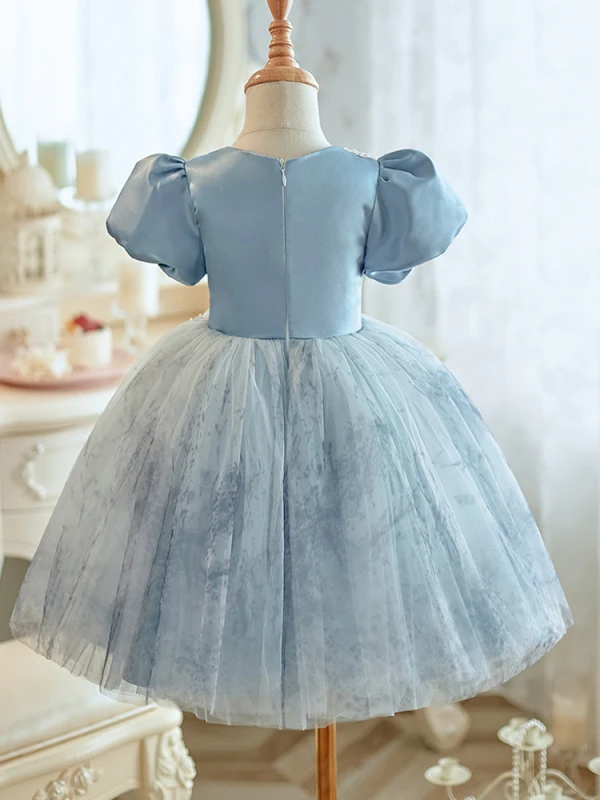 Chic / Beautiful Sky Blue Beading Sequins Short Birthday Flower Girl Dresses 2023 Ball Gown Scoop Neck Puffy Short Sleeve Backless Tulle
