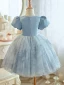 Chic / Beautiful Sky Blue Beading Sequins Short Birthday Flower Girl Dresses 2023 Ball Gown Scoop Neck Puffy Short Sleeve Backless Tulle