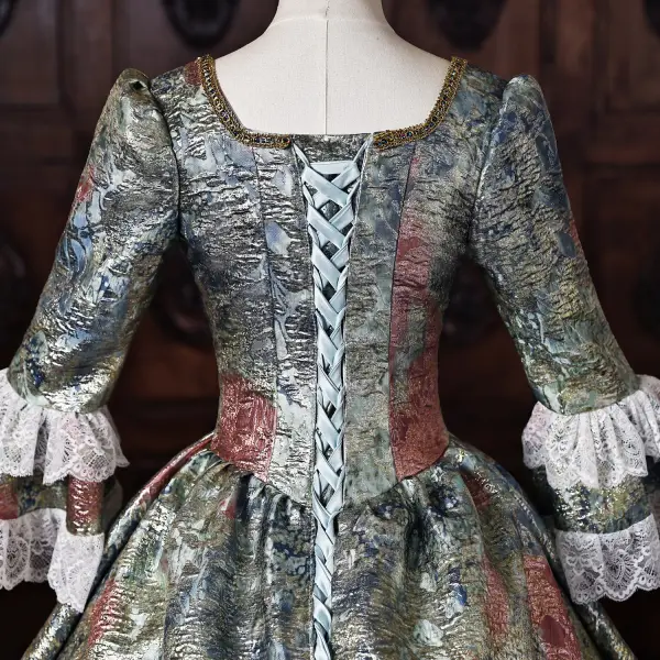 Vintage / Retro Medieval Dark Green Pearl Lace Flower Printing Ruffle Prom Dresses 2026 Ball Gown Square Neckline Bell sleeves Backless Floor-Length / Long