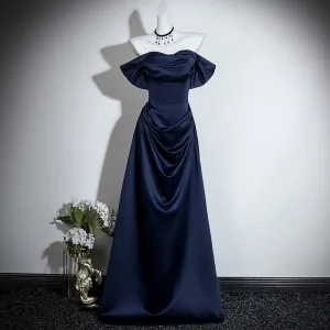 Vintage Retro Navy Blue Prom Dresses 2026 A Line Princess Off The Shoulder Short Sleeve Backless Floor Length Long Formal Dresses