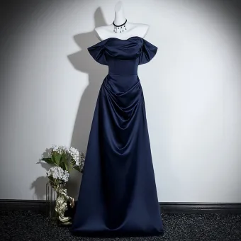 Vintage Originale Bleu Marine Robe De Bal 2026 Princesse De L Épaule Manches Courtes Dos Nu Longue Robe De Ceremonie