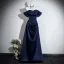 Vintage / Retro Navy Blue Prom Dresses 2026 A-Line / Princess Off-The-Shoulder Short Sleeve Backless Floor-Length / Long Formal Dresses