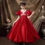Audrey Hepburn Style Black Pearl Rhinestone Lace Flower Satin Flower Girl Dresses 2024 Ball Gown Birthday Scoop Neck Puffy Short Sleeve Floor-Length / Long