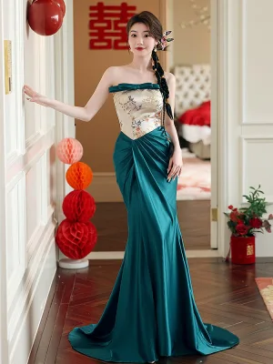 Vintage Originale Bleu D Encre En Dentelle Fleur Robe De Bal 2024 Trompette Sirène Bustier Sans Manches Dos Nu Train De Balayage Promo Robe De Ceremonie