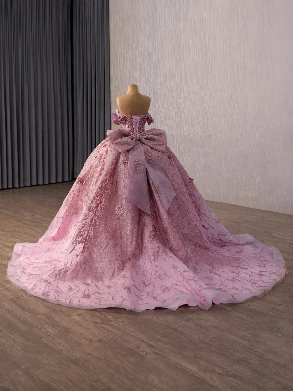 Luxury / Gorgeous Lovely Blushing Pink Pearl Sequins Appliques Prom Dresses 2026 Ball Gown Off-The-Shoulder Short Sleeve Backless Bow Chapel Train Formal Dresses