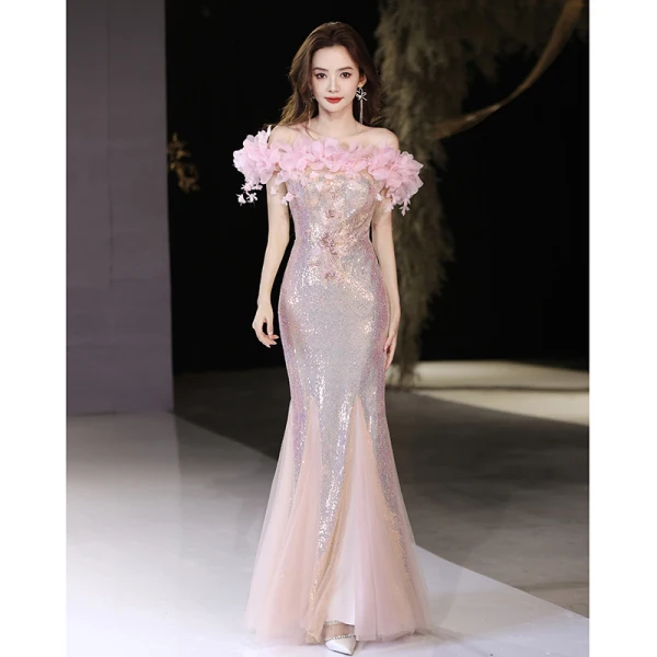 Scintillantes Bleu Ciel Perlage Appliques Paillettes Robe De Bal 2024 Trompette / Sirène De l'épaule Manches Courtes Dos Nu Longue Promo Robe De Ceremonie