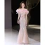 Scintillantes Bleu Ciel Perlage Appliques Paillettes Robe De Bal 2024 Trompette / Sirène De l'épaule Manches Courtes Dos Nu Longue Promo Robe De Ceremonie
