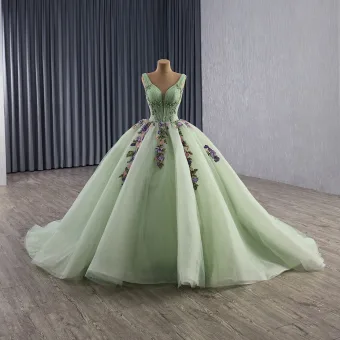 Luxe Vert Cendré Perlage Perle Paillettes Appliques En Dentelle Fleur Robe De Bal 2025 Robe Boule V Cou Sans Manches Dos Nu Chapel Train