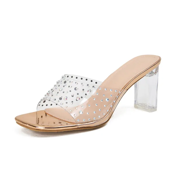 Transparent Schwarz Strassenmode Sommer Strass Sandalen Damen 2022 9 cm Thick Heels Peeptoes Sandaletten Hochhackige
