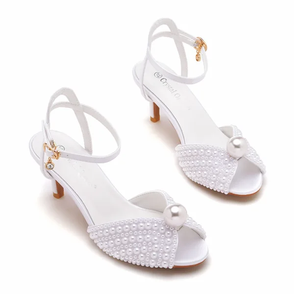 Elegant White Pearl Wedding Shoes 2023 Wedding Ankle Strap 6 cm Stiletto Heels Open / Peep Toe Sandals High Heels