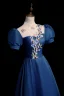 Vintage / Retro Navy Blue Satin Prom Dresses 2023 A-Line / Princess High Neck Lace Flower Appliques Short Sleeve Backless Floor-Length / Long Formal Dresses