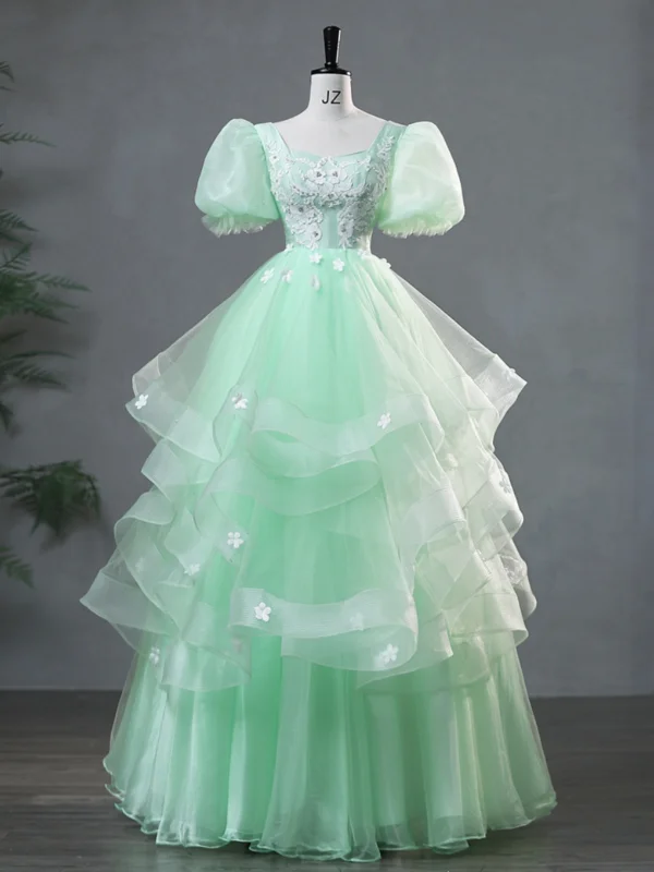 Elegant Sage Green Lace Flower Cascading Ruffles Prom Dresses 2024 Ball Gown Square Neckline Puffy Short Sleeve Backless Floor-Length / Long Prom Formal Dresses