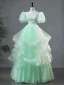 Elegant Sage Green Lace Flower Cascading Ruffles Prom Dresses 2024 Ball Gown Square Neckline Puffy Short Sleeve Backless Floor-Length / Long Prom Formal Dresses