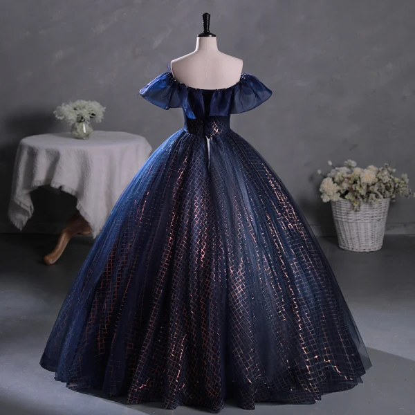 Vintage / Originale Bleu Marine Paillettes Robe De Bal 2023 Robe Boule De l'épaule Gland Sans Manches Dos Nu Longue Promo Robe De Ceremonie
