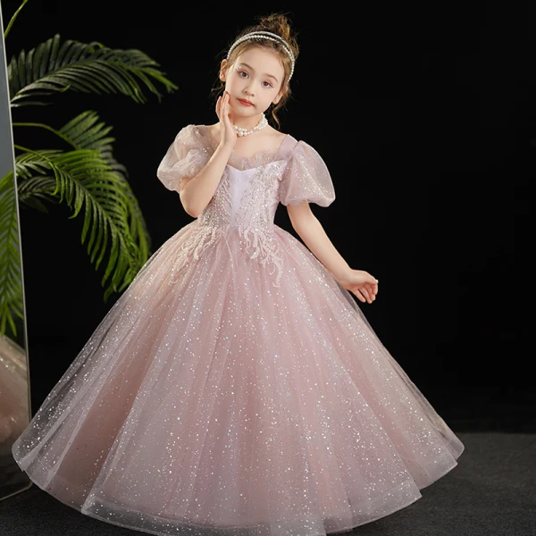 Bling Bling Grey Beading Sequins Birthday Flower Girl Dresses 2024 Ball Gown Square Neckline Puffy Short Sleeve Floor-Length / Long