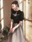 Style Chinois Noire Faux Diamant Paillettes Robe De Bal 2023 Princesse Col Haut Manches Courtes Longue Robe De Ceremonie