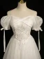Chic / Beautiful White Lace Flower Prom Dresses 2024 A-Line / Princess Square Neckline Short Sleeve Backless Floor-Length / Long Prom Formal Dresses