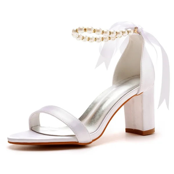 Charmant Blanche Perle Bride Cheville Noeud Sandales Femme 2023 7 cm Talons Épais À Bout Pointu Chaussure De Mariée