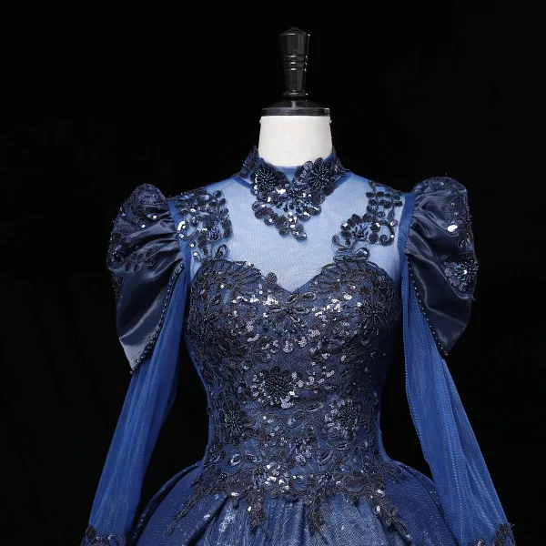 Vintage / Originale Bleu Marine Perlage Paillettes En Dentelle Fleur Robe De Bal 2023 Robe Boule Col Haut 3/4 Manches Longue Promo Robe De Ceremonie