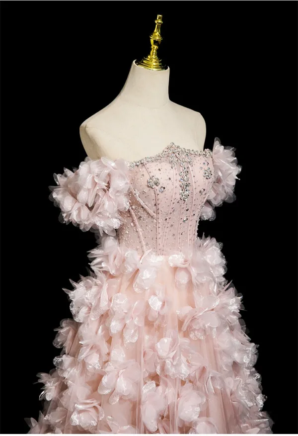 Flower Fairy Blushing Pink Handmade Beading Pearl Rhinestone Appliques Prom Dresses 2025 Ball Gown Off-The-Shoulder Short Sleeve Backless Floor-Length / Long Formal Dresses