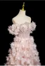 Flower Fairy Blushing Pink Handmade  Beading Pearl Rhinestone Appliques Prom Dresses 2025 Ball Gown Off-The-Shoulder Short Sleeve Backless Floor-Length / Long Formal Dresses