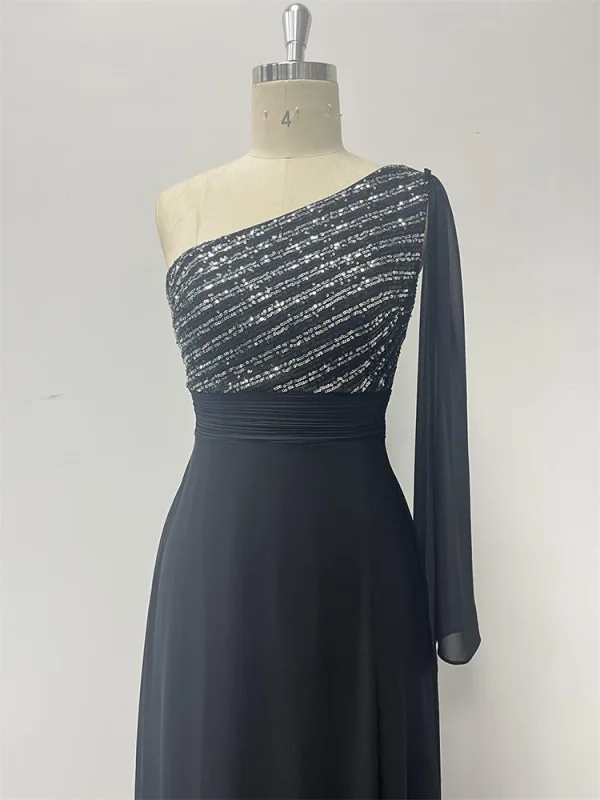 Chic / Beautiful Black Sequins Split Front Evening Dresses 2024 A-Line / Princess Zipper Up at Side One-Shoulder Sleeveless Backless Floor-Length / Long Prom Formal Dresses