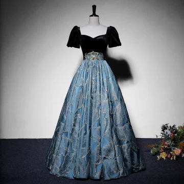 Elegant Black Suede Prom Dresses 2022 Satin A Line Princess Square Neckline Puffy Short Sleeve Backless Floor Length Long Formal Dresses