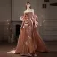 Charming Sexy Rose Gold Sequins Evening Dresses 2025 Trumpet / Mermaid Spaghetti Straps Puffy Short Sleeve Backless Sweep Train Evening Party Formal Dresses