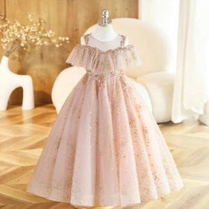 Bling Bling Blushing Pink Beading Star Sequins Birthday Flower Girl Dresses 2023 Ball Gown Scoop Neck Short Sleeve Backless Floor Length Long Flower Girl Dresses