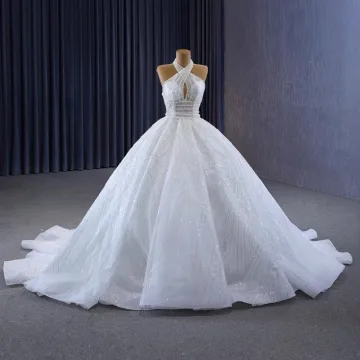 Luxe Blanche Fait Main Perlage Perle Paillettes Robe De Mariée 2023 Robe Boule Titulaire Sans Manches Dos Nu Longue Mariage