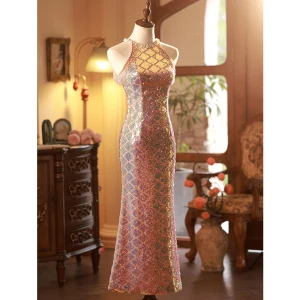 Sparkly Gold Beading Rhinestone Sequins Evening Dresses 2023 Trumpet Mermaid Scoop Neck Sleeveless Floor Length Long Evening Party Formal Dresses
