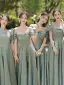 Simple Vert Cendré Satin Robe Demoiselle D'honneur 2022 Princesse Manches Courtes Dos Nu Noeud Longue Robe Demoiselle D'honneur