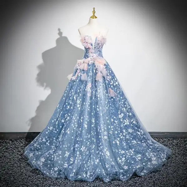 Flower Fairy Sky Blue Appliques Sequins Prom Dresses 2024 Ball Gown Off-The-Shoulder Short Sleeve Backless Floor-Length / Long Prom Formal Dresses