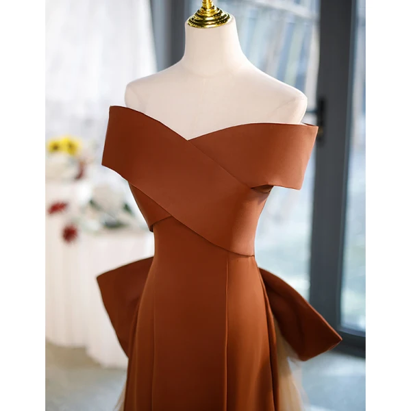 brown pinstripe dress Burgundy Off The Shoulder Mermaid Satin Long Formal Prom Dresses