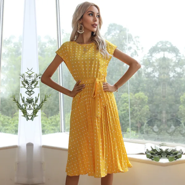 Romantic Regular Dark Green Polka Dot Beach Short Sleeve Maxi Dresses 2021 Street Wear Scoop Neck Summer Womens Clothing