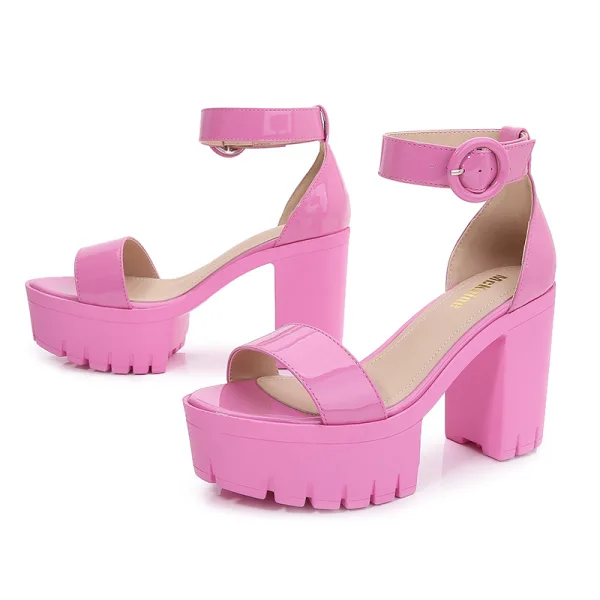 Fashion White Summer Evening Party Patent Leather Womens Sandals 2022 Ankle Strap 10 cm Thick Heels Open / Peep Toe Sandals High Heels