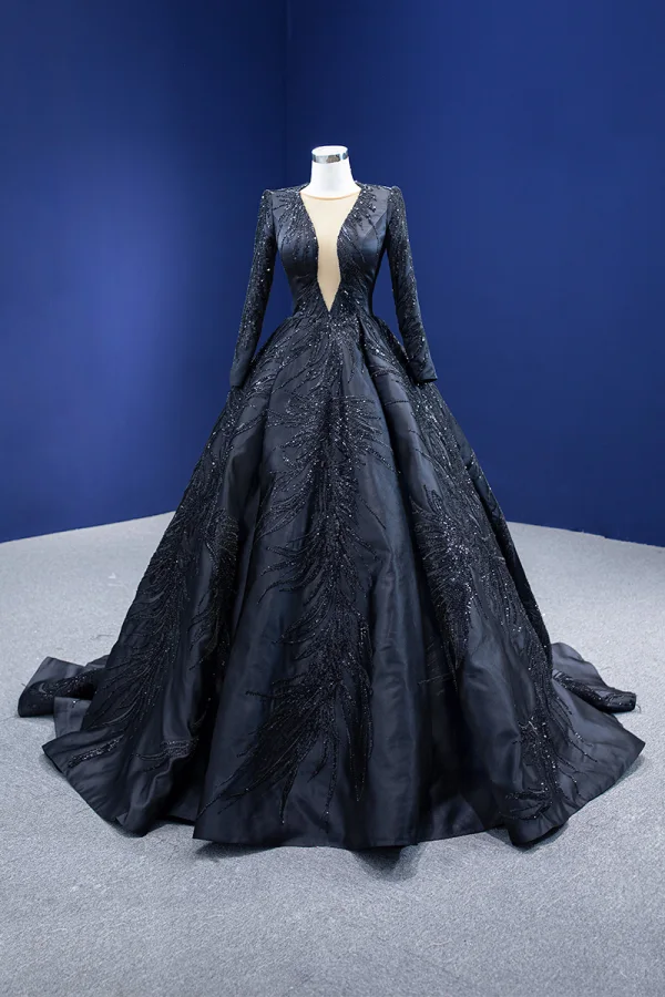 Vintage / Retro High-end Black Handmade  Beading Sequins Prom Dresses 2022 Ball Gown Scoop Neck Long Sleeve Sweep Train Formal Dresses