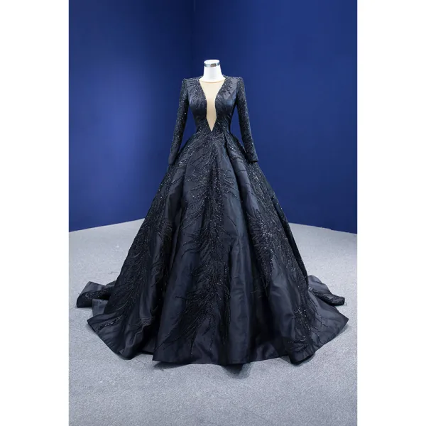 Vintage / Retro High-end Black Handmade  Beading Sequins Prom Dresses 2022 Ball Gown Scoop Neck Long Sleeve Sweep Train Formal Dresses