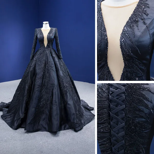 Vintage / Retro High-end Black Handmade  Beading Sequins Prom Dresses 2022 Ball Gown Scoop Neck Long Sleeve Sweep Train Formal Dresses