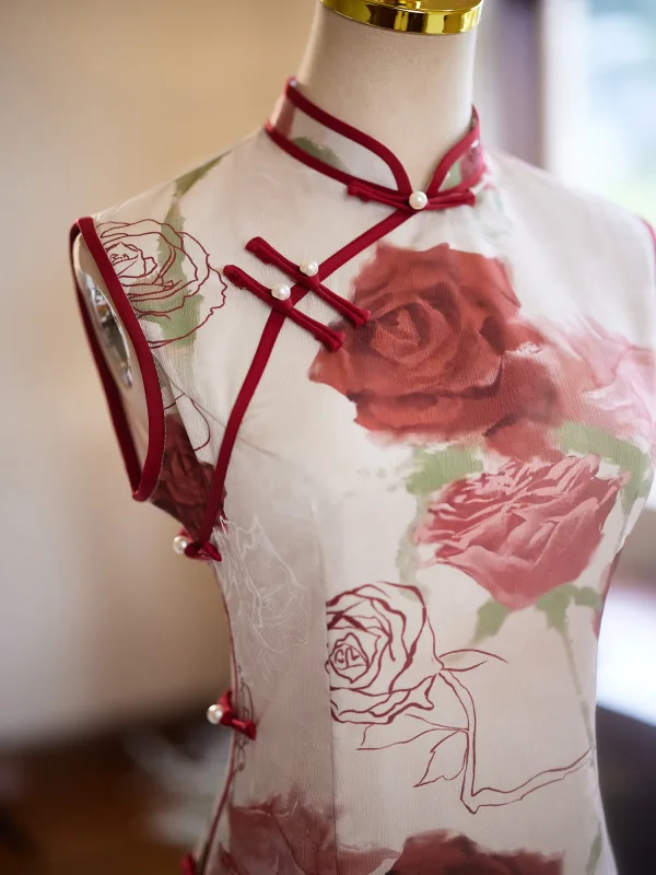Chinese style Beige Printing Tea-length Cheongsam 2024 Trumpet / Mermaid High Neck Sleeveless