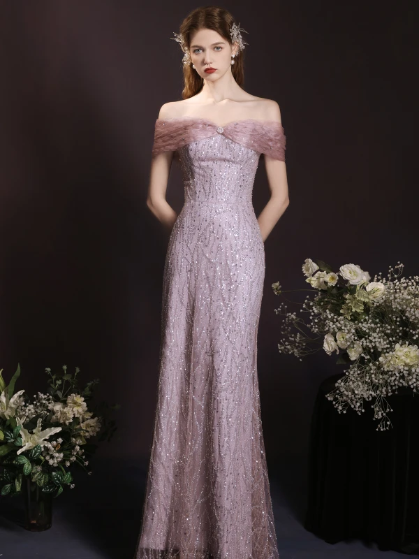 Charming Blushing Pink Beading Pearl Sequins Prom Dresses 2024 Trumpet / Mermaid Off-The-Shoulder Sleeveless Backless Floor-Length / Long Prom Formal Dresses