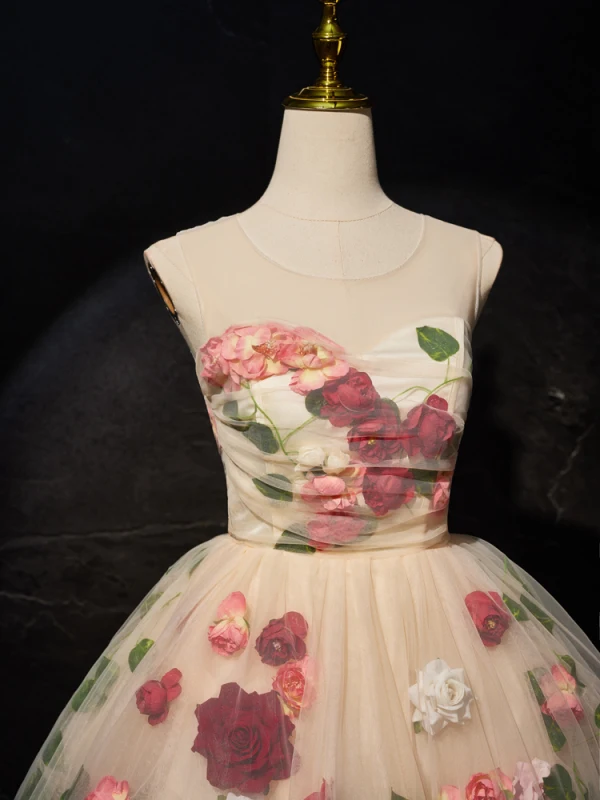 Vintage / Retro Champagne Rose Appliques Short Prom Dresses 2024 Scoop Neck Sleeveless Backless Prom Formal Dresses