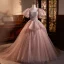 Elegante Rosa Perlenstickerei Strass Pailletten Ballkleider 2023 Ballkleid Eckiger Ausschnitt Geschwollenes Kurze Ärmel Rückenfreies Sweep / Pinsel Zug Ball Festliche Kleider