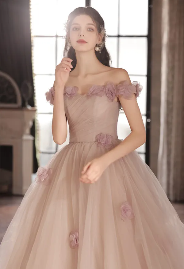 Elegant Lavender Appliques Prom Dresses 2024 A-Line / Princess Off-The-Shoulder Sleeveless Backless Floor-Length / Long Prom Formal Dresses